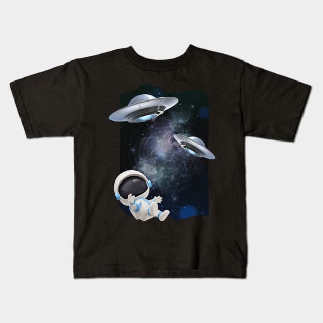 Ufo alien funny cute flying spaceship astronaut moon mars cosmic forest Kids T-Shirt by BoogieCreates